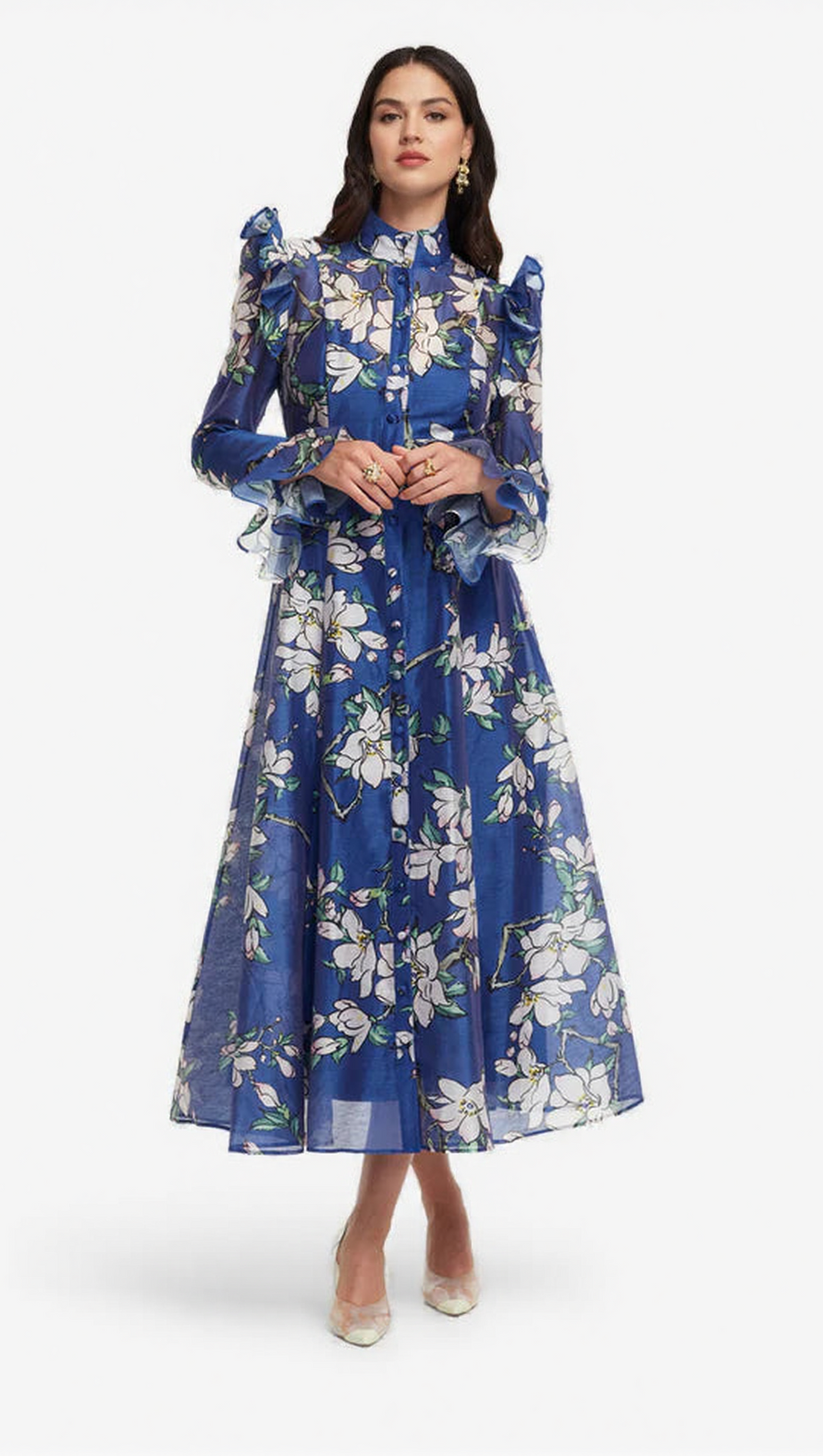 FLORAL PRINT BUTTERFLY SLEEVE MAXI DRESS - MIDNIGHT BLUE