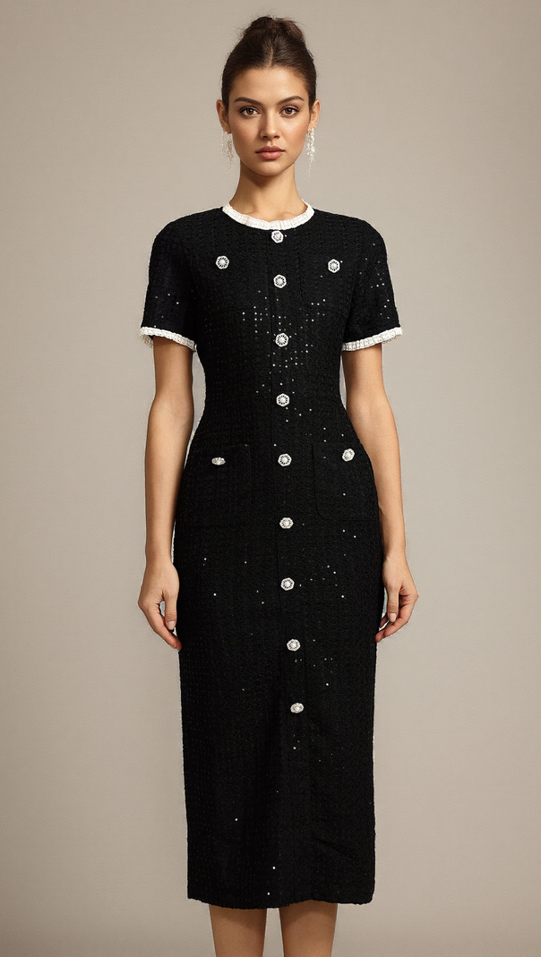 AIIZIE ROUND NECK SHORT SLEEVES SEQUIN MAXI DRESS IN BLACK - product image