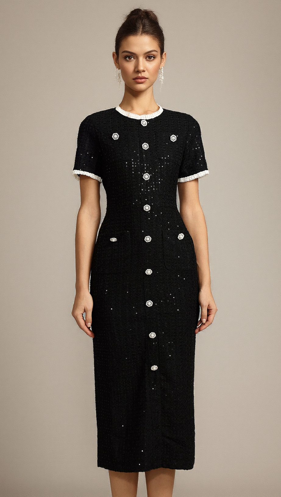 ROUND NECK SHORT SLEEVES SEQUIN MAXI DRESS IN BLACK