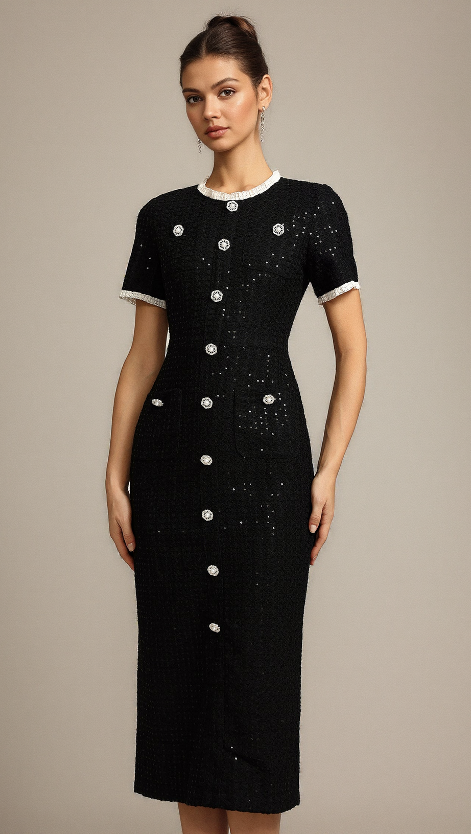 ROUND NECK SHORT SLEEVES SEQUIN MAXI DRESS IN BLACK