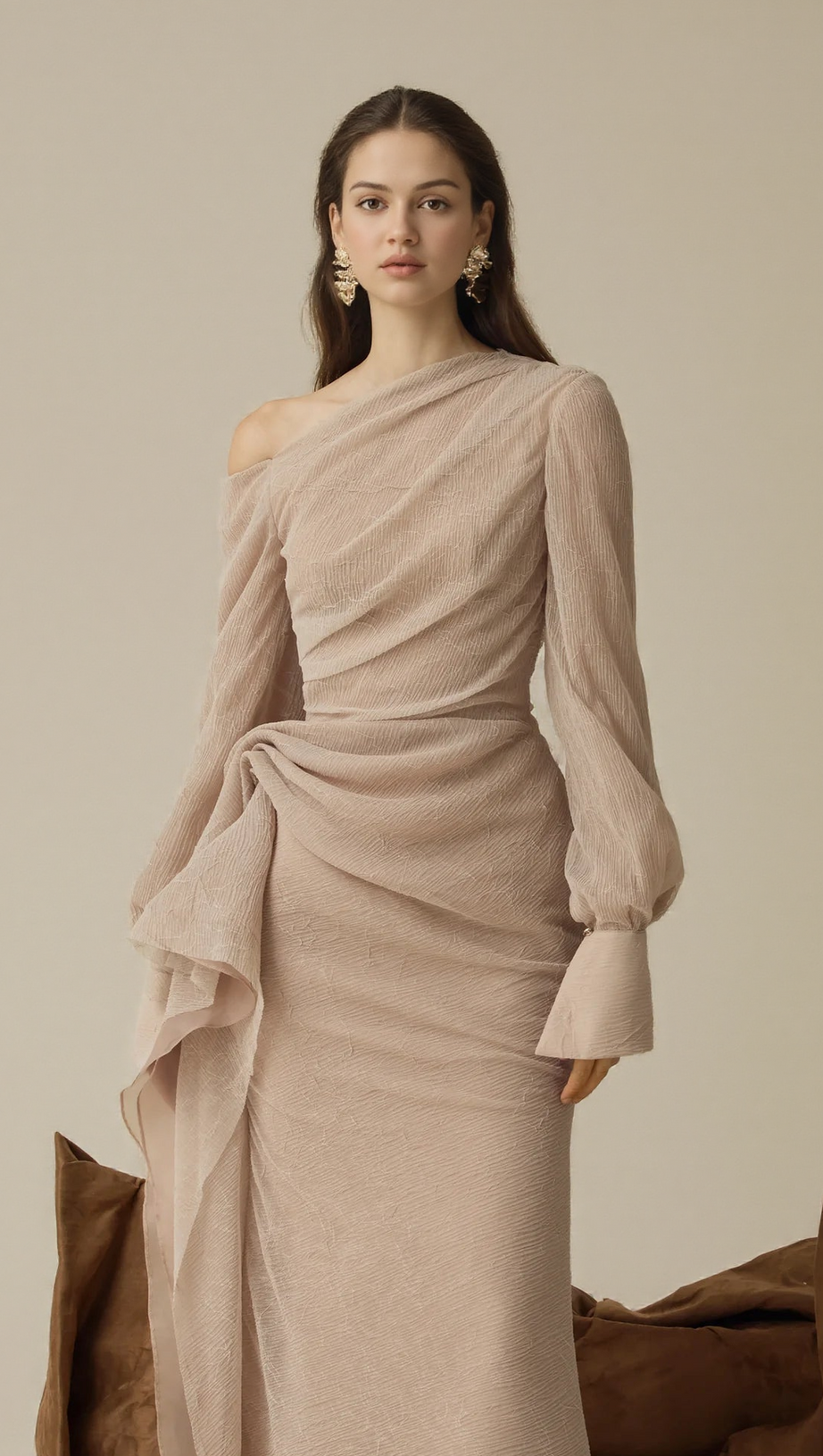 BRIANNA ASYMMETRIC LONG SLEEVE PLEATED MAXI DRESS IN BEIGE