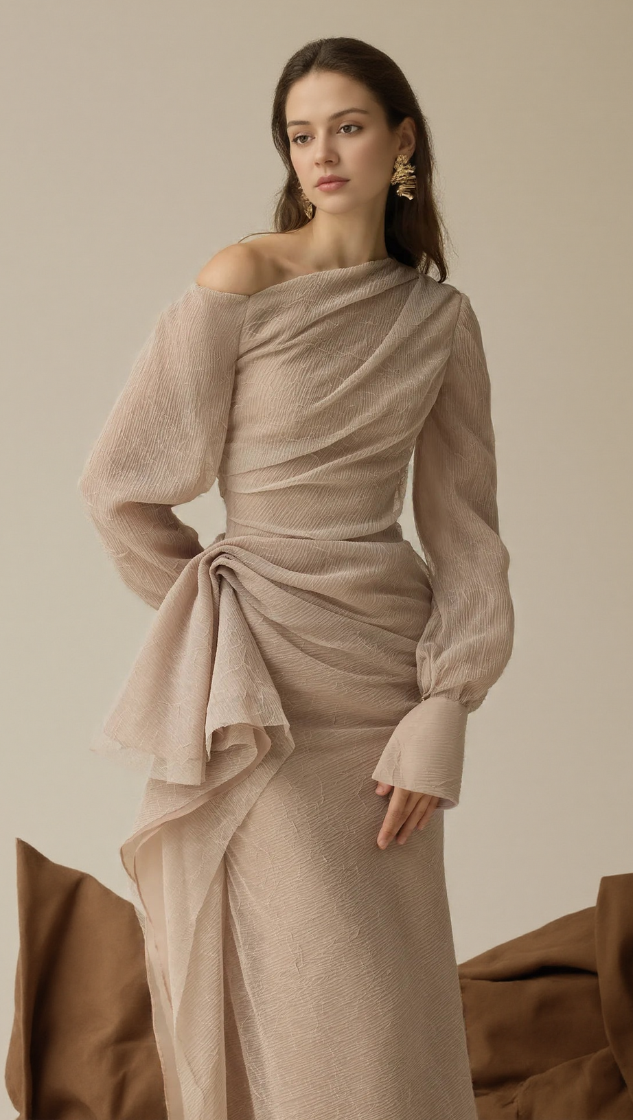 BRIANNA ASYMMETRIC LONG SLEEVE PLEATED MAXI DRESS IN BEIGE