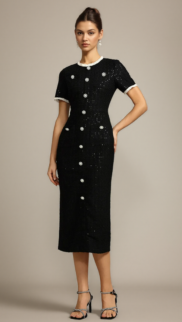 AIIZIE ROUND NECK SHORT SLEEVES SEQUIN MAXI DRESS IN BLACK - product image