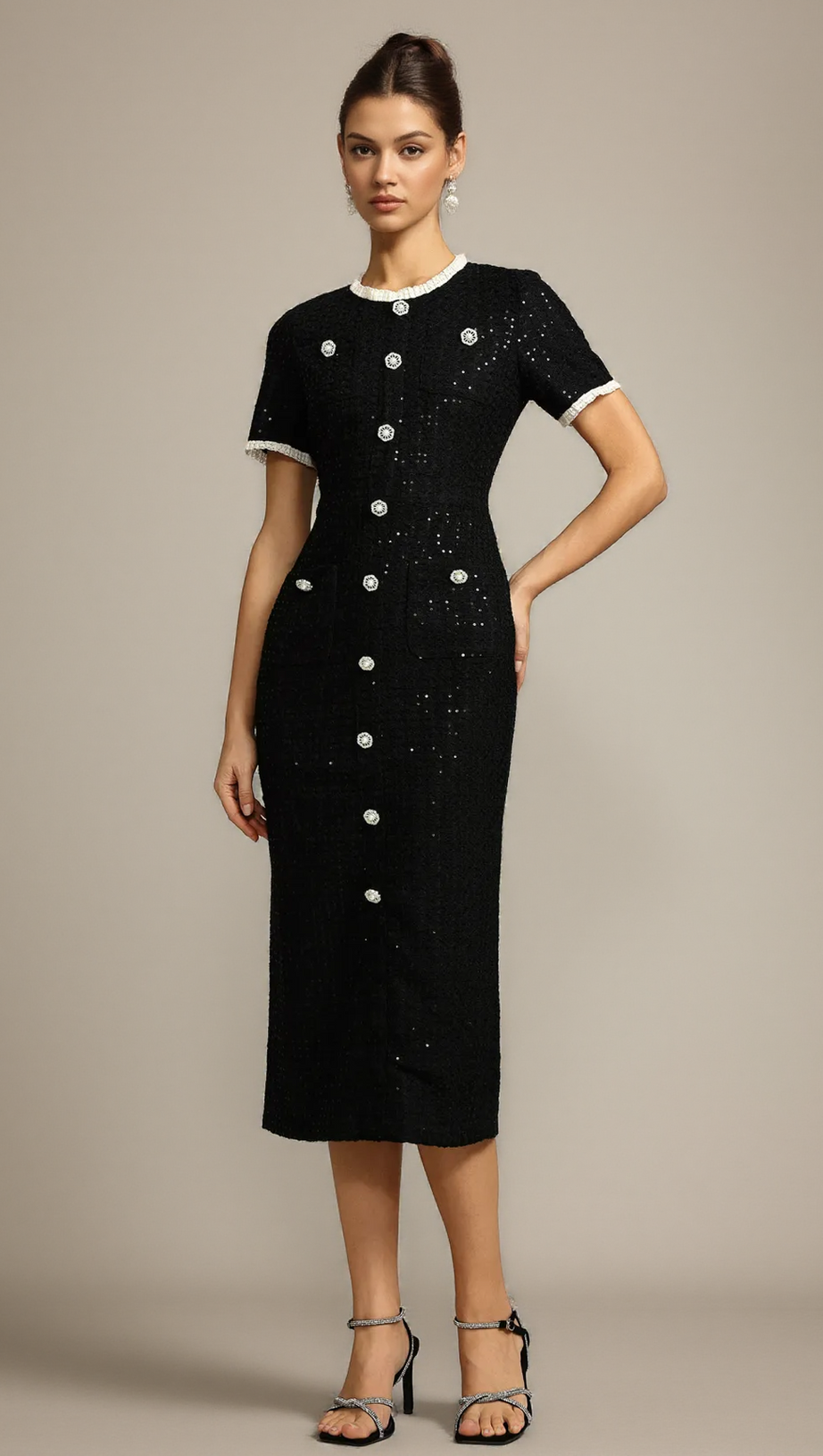ROUND NECK SHORT SLEEVES SEQUIN MAXI DRESS IN BLACK