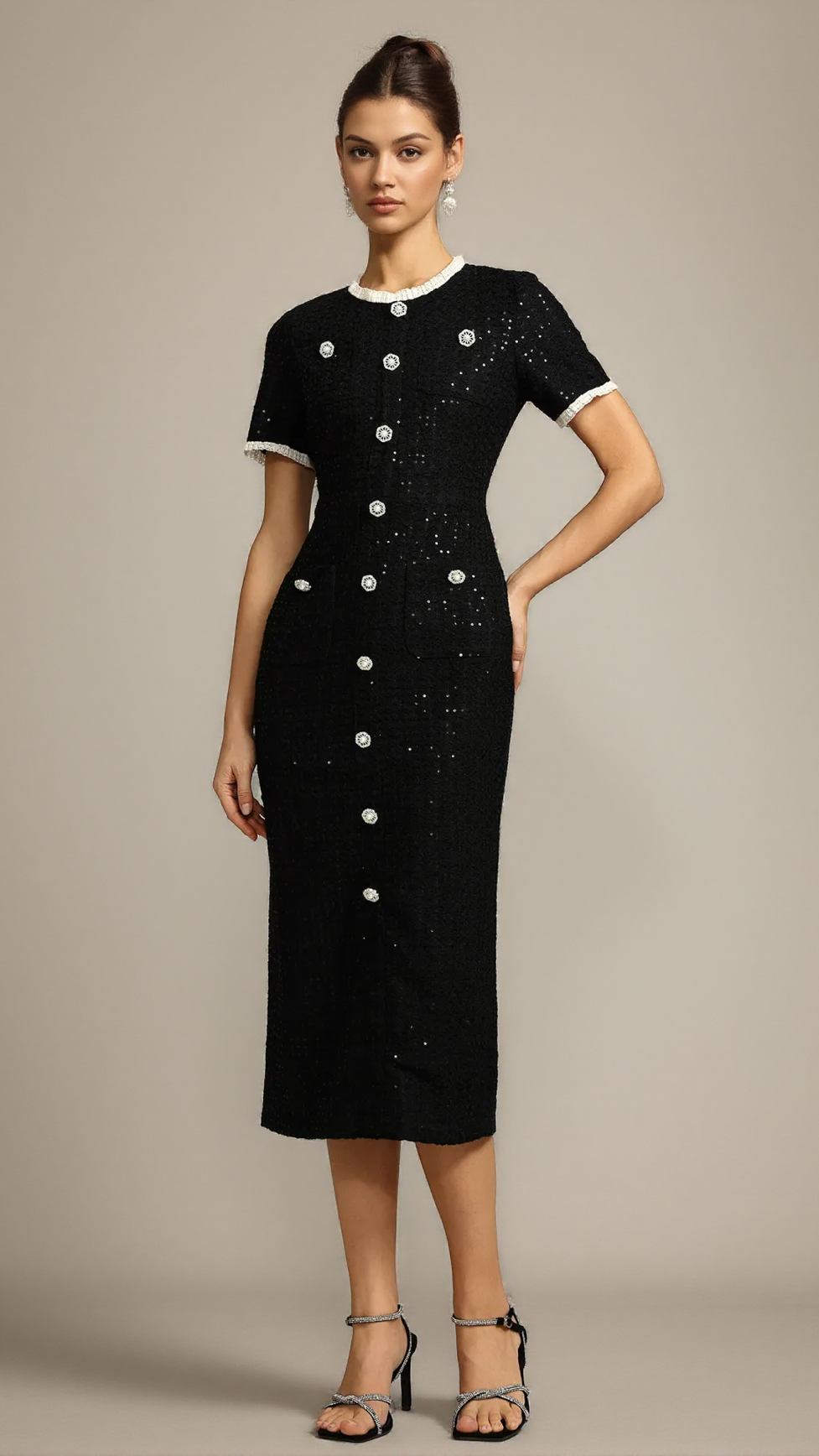 ROUND NECK SHORT SLEEVES SEQUIN MAXI DRESS IN BLACK