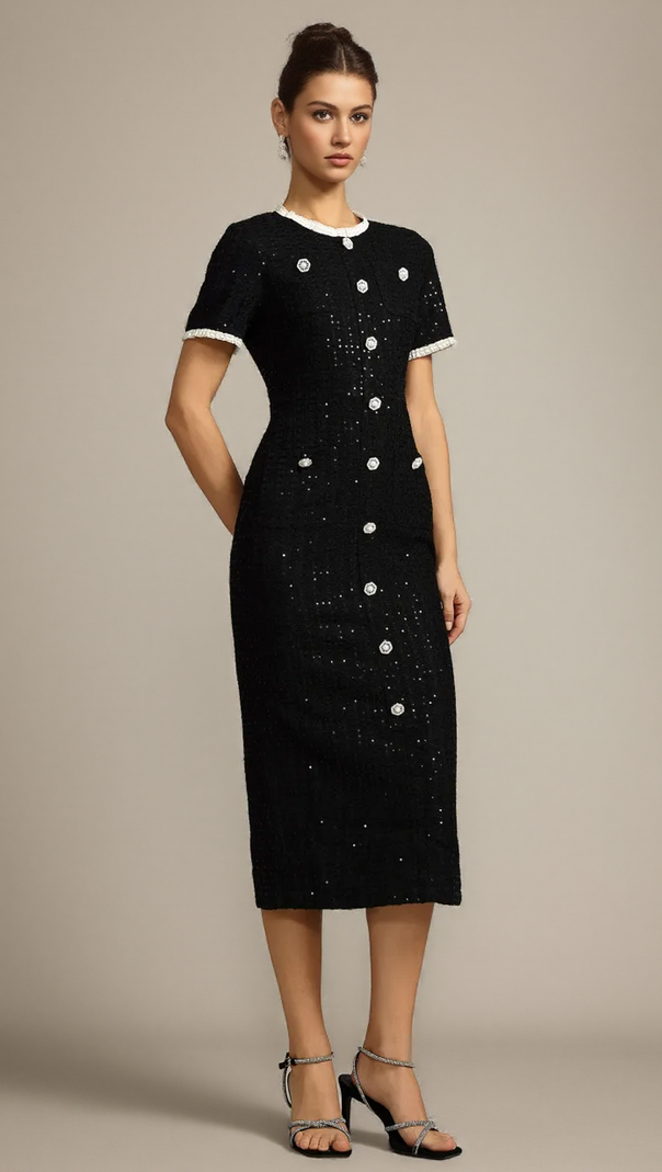 AIIZIE ROUND NECK SHORT SLEEVES SEQUIN MAXI DRESS IN BLACK - product image