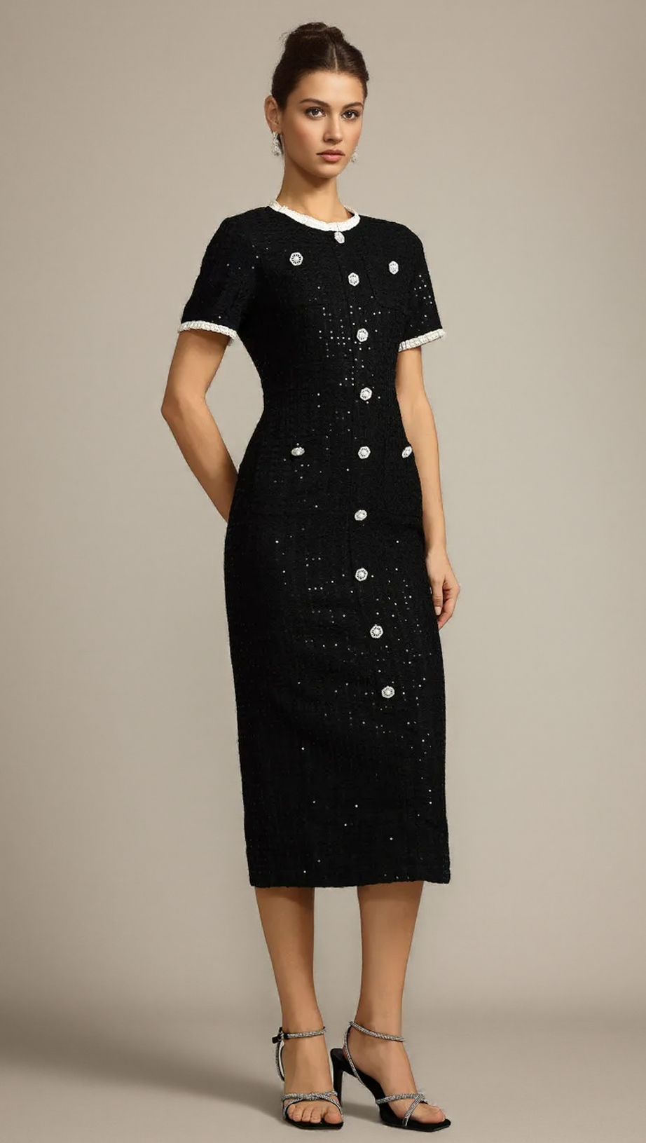 ROUND NECK SHORT SLEEVES SEQUIN MAXI DRESS IN BLACK
