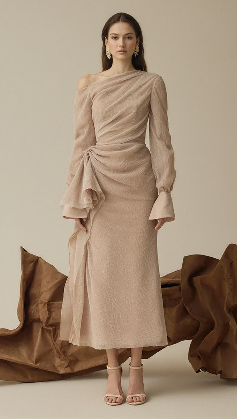 BRIANNA ASYMMETRIC LONG SLEEVE PLEATED MAXI DRESS IN BEIGE