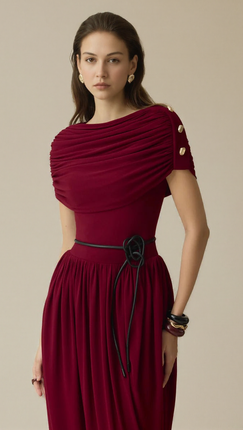 CECILIA COCOON GATHERING MAXI DRESS IN WINE