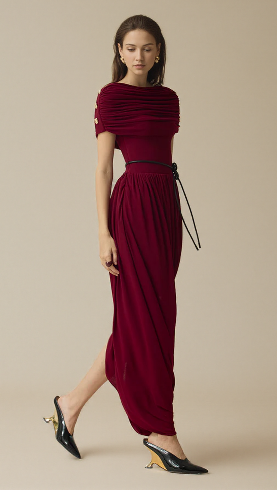 CECILIA COCOON GATHERING MAXI DRESS IN WINE