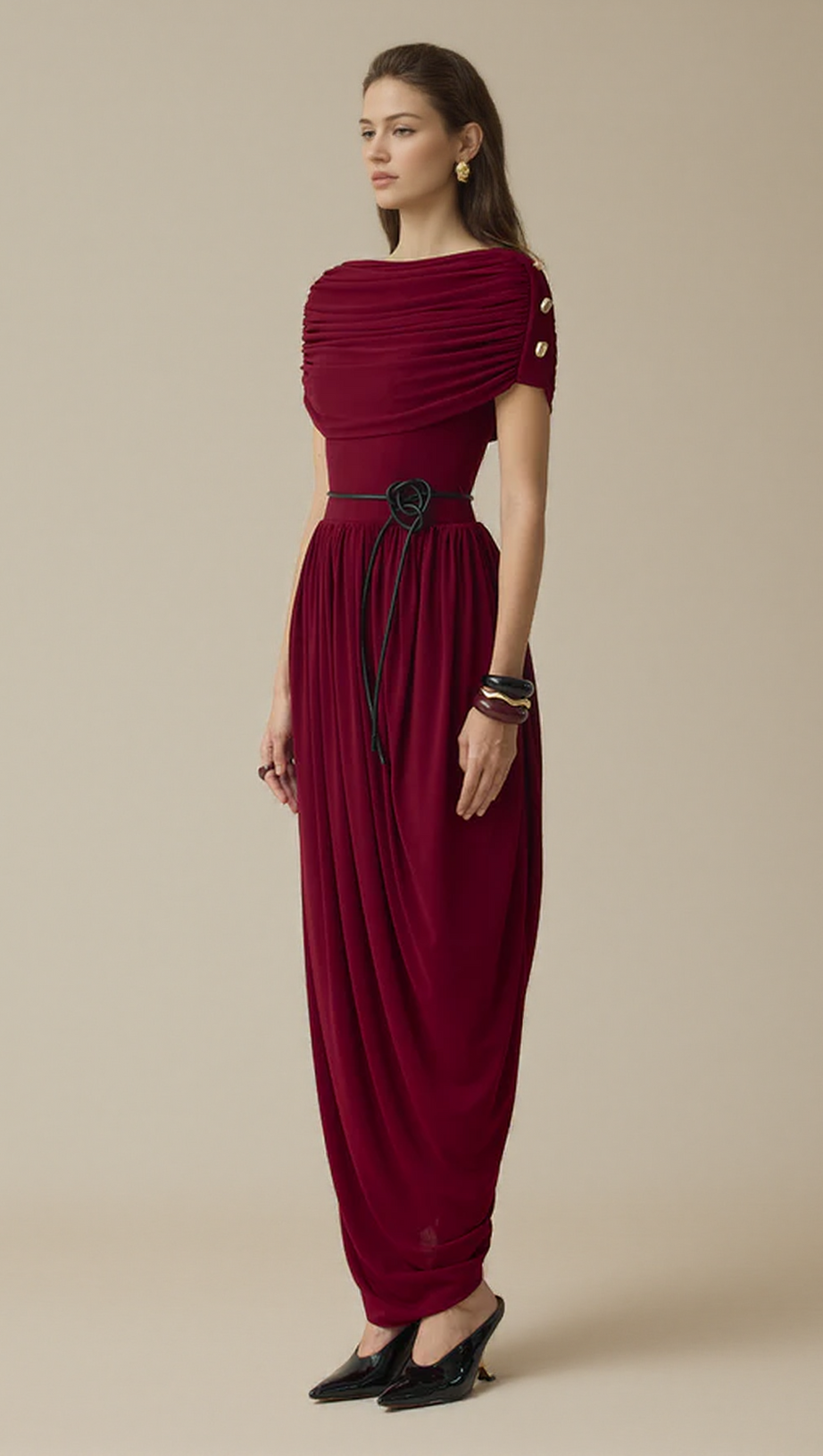 CECILIA COCOON GATHERING MAXI DRESS IN WINE