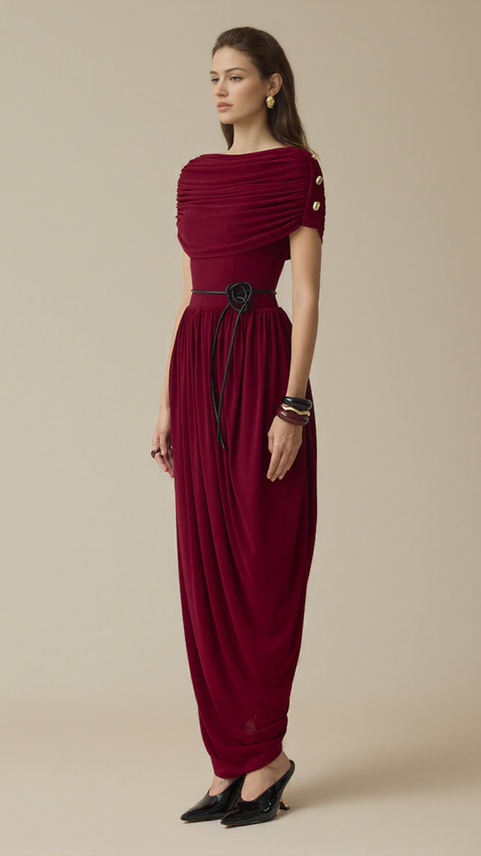 CECILIA COCOON GATHERING MAXI DRESS IN WINE