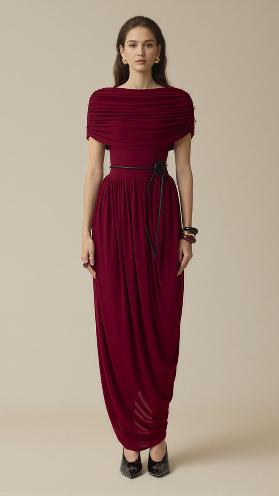 CECILIA COCOON GATHERING MAXI DRESS IN WINE