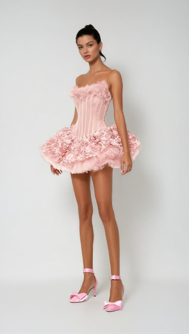 AIIZIE ALBERTA 3D FLOWER STRAPLESS MINI DRESS IN PINK - product image