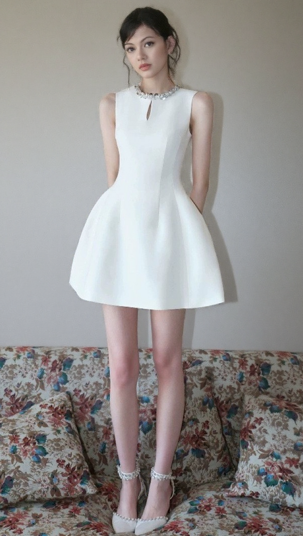 AIIZIE ALYSSA ROUND NECK DIAMOND SLEEVELESS DRESS IN WHITE - product image