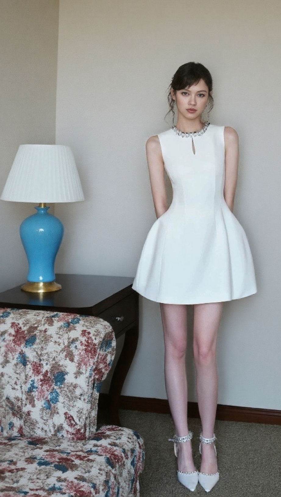 ALYSSA ROUND NECK DIAMOND SLEEVELESS DRESS IN WHITE