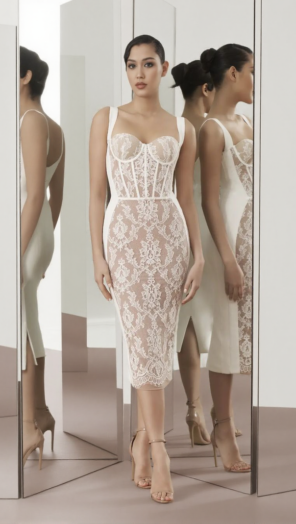 AIIZIE LACE INSERT BUSTIER MIDI DRESS WHITE - product image