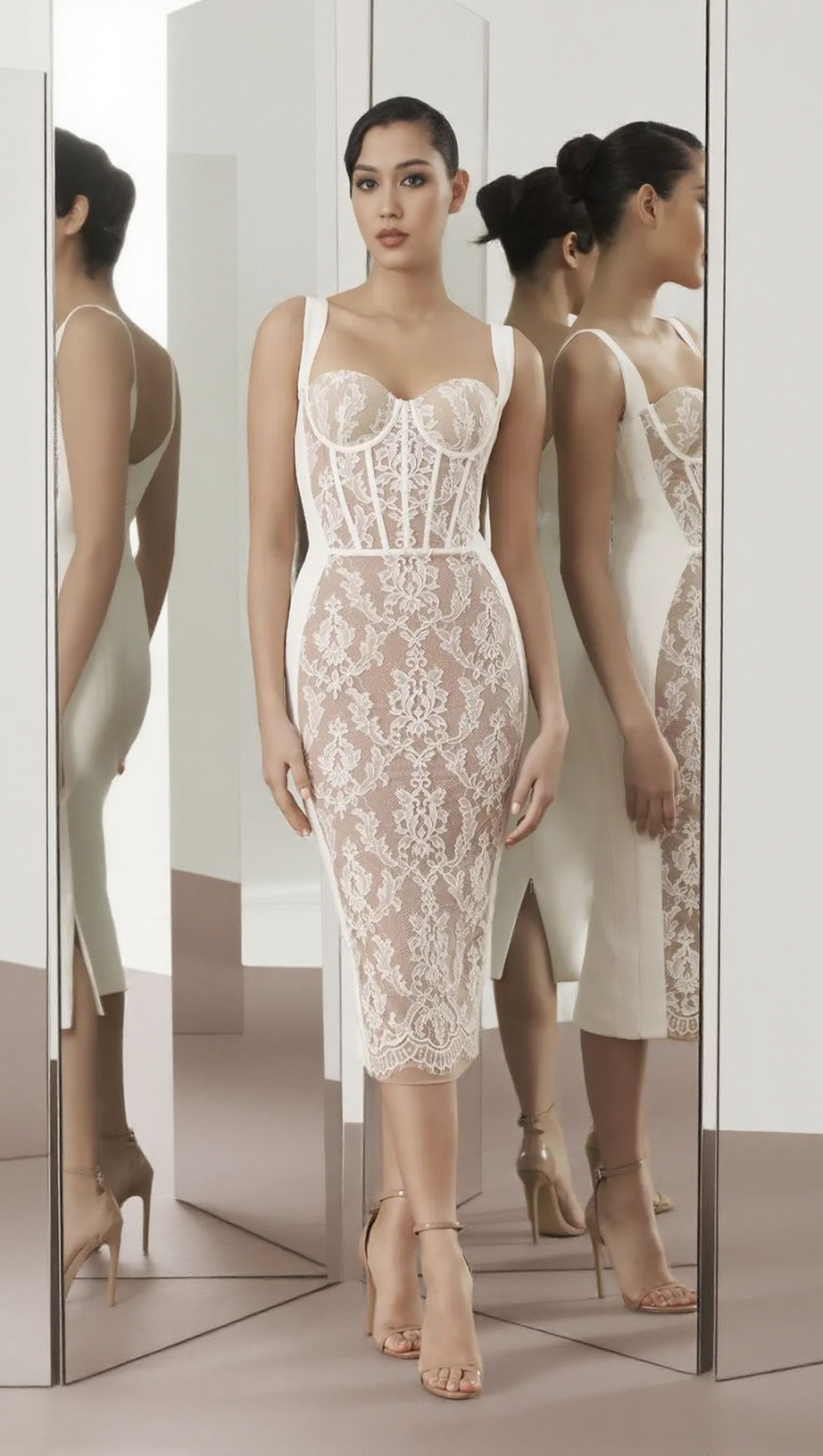 LACE INSERT BUSTIER MIDI DRESS WHITE