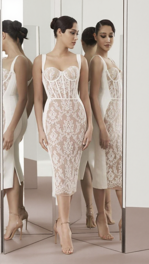 AIIZIE LACE INSERT BUSTIER MIDI DRESS WHITE - product image