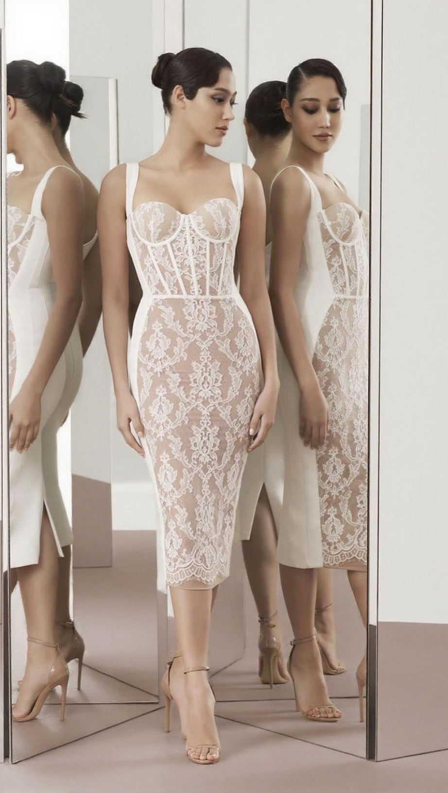 LACE INSERT BUSTIER MIDI DRESS WHITE