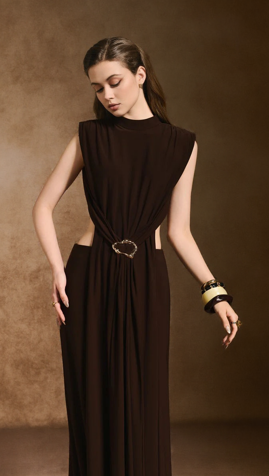 DAMLA SHEATH OPEN BACK SPANDEX MAXI DRESS IN DARK BROWN