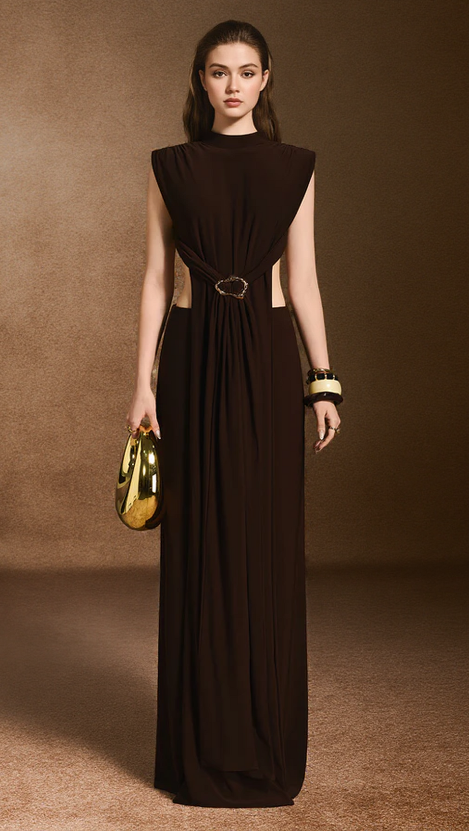 DAMLA SHEATH OPEN BACK SPANDEX MAXI DRESS IN DARK BROWN