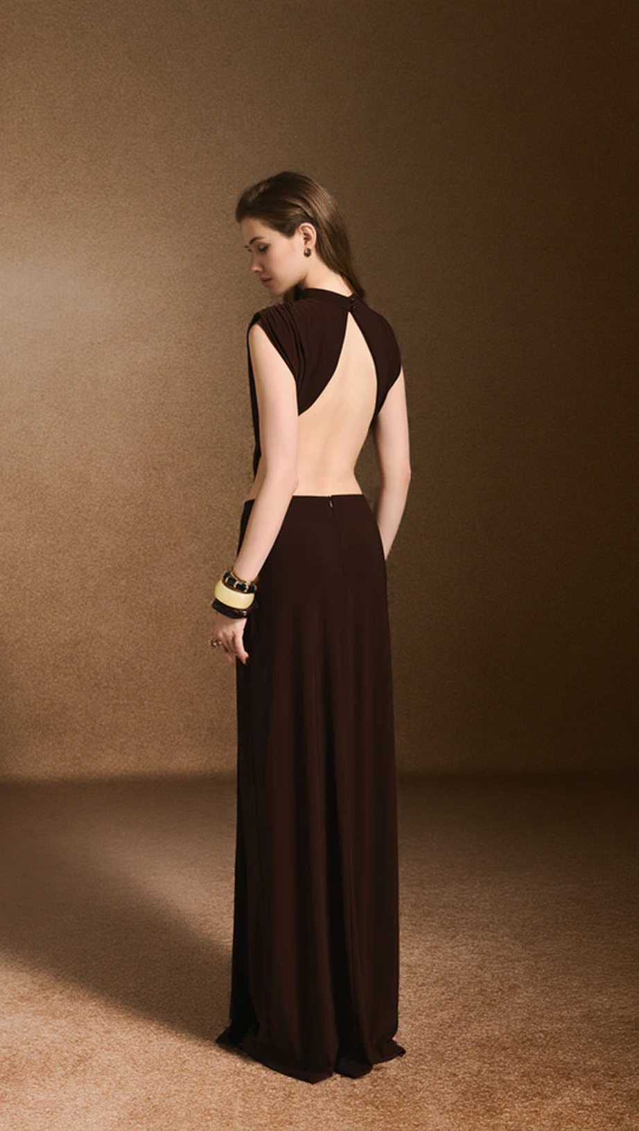DAMLA SHEATH OPEN BACK SPANDEX MAXI DRESS IN DARK BROWN