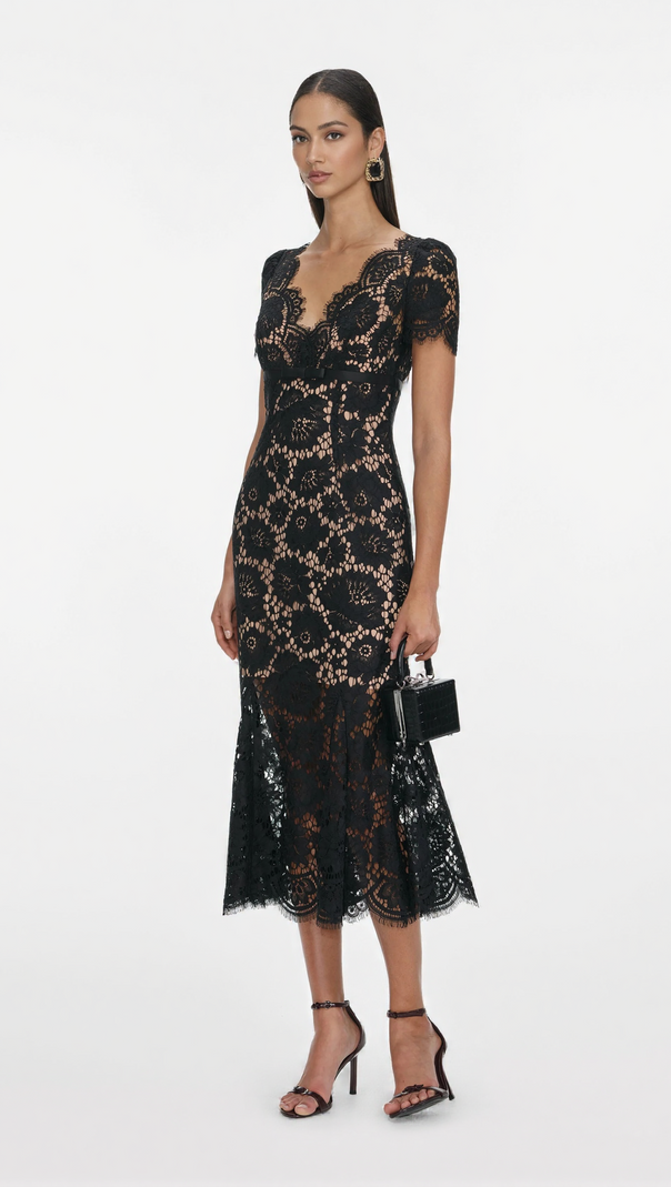 AIIZIE ASHLEY FLORAL LACE HOLLOW MIDI DRESS IN BLACK - product image