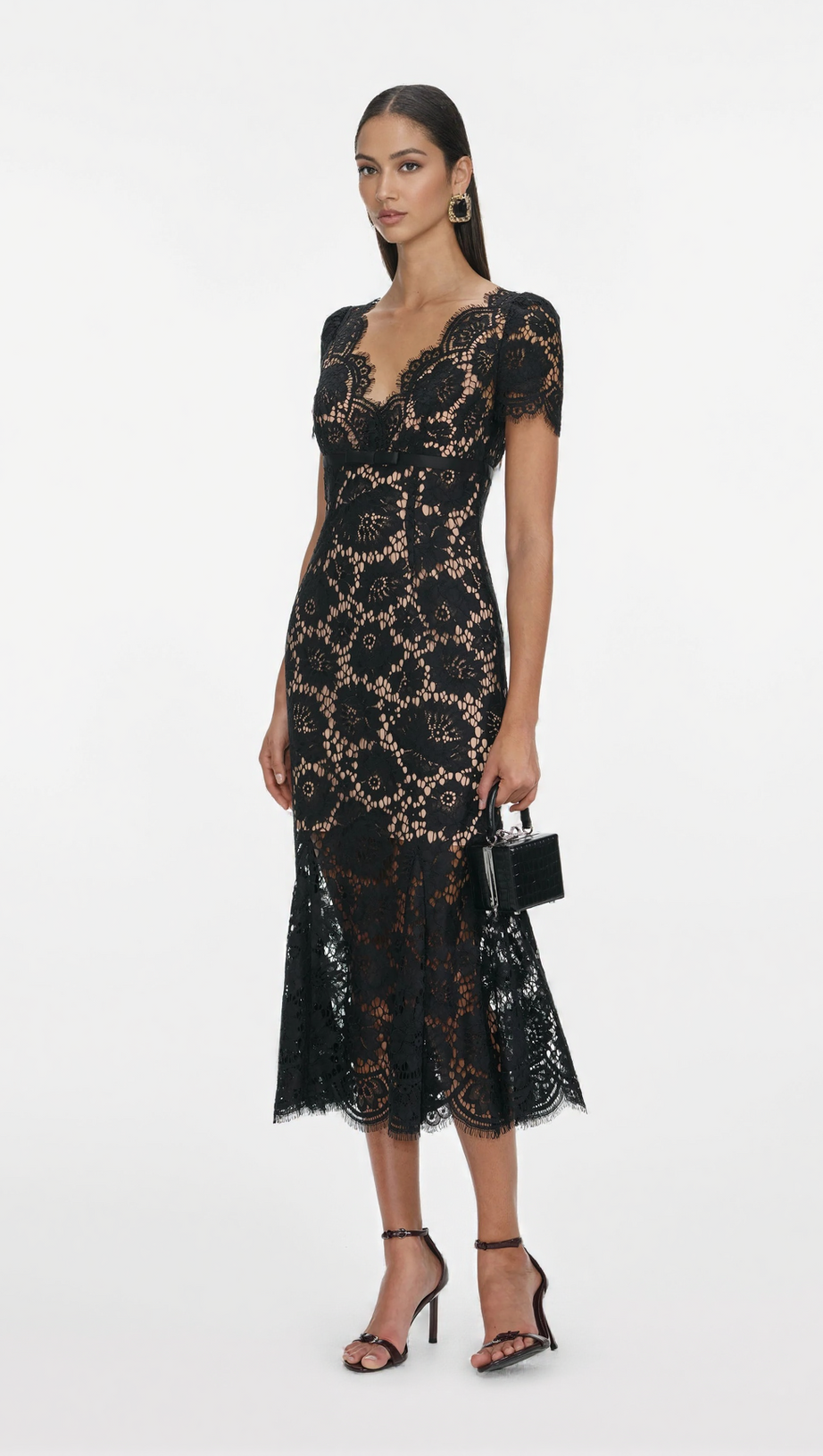ASHLEY FLORAL LACE HOLLOW MIDI DRESS IN BLACK
