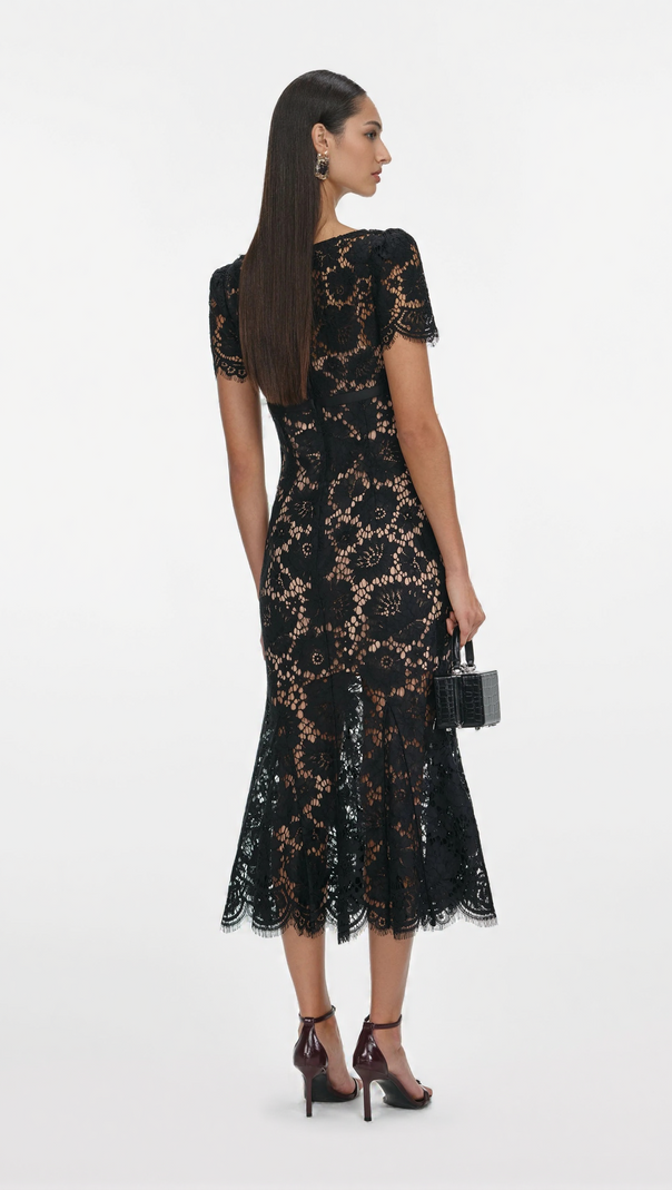 AIIZIE ASHLEY FLORAL LACE HOLLOW MIDI DRESS IN BLACK - product image