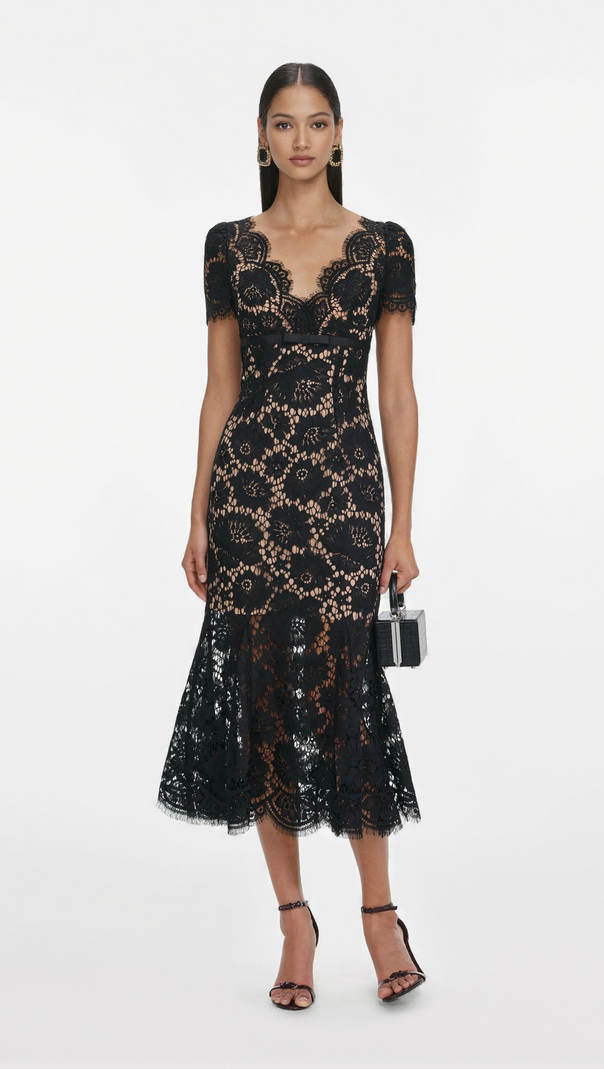 AIIZIE ASHLEY FLORAL LACE HOLLOW MIDI DRESS IN BLACK - product image