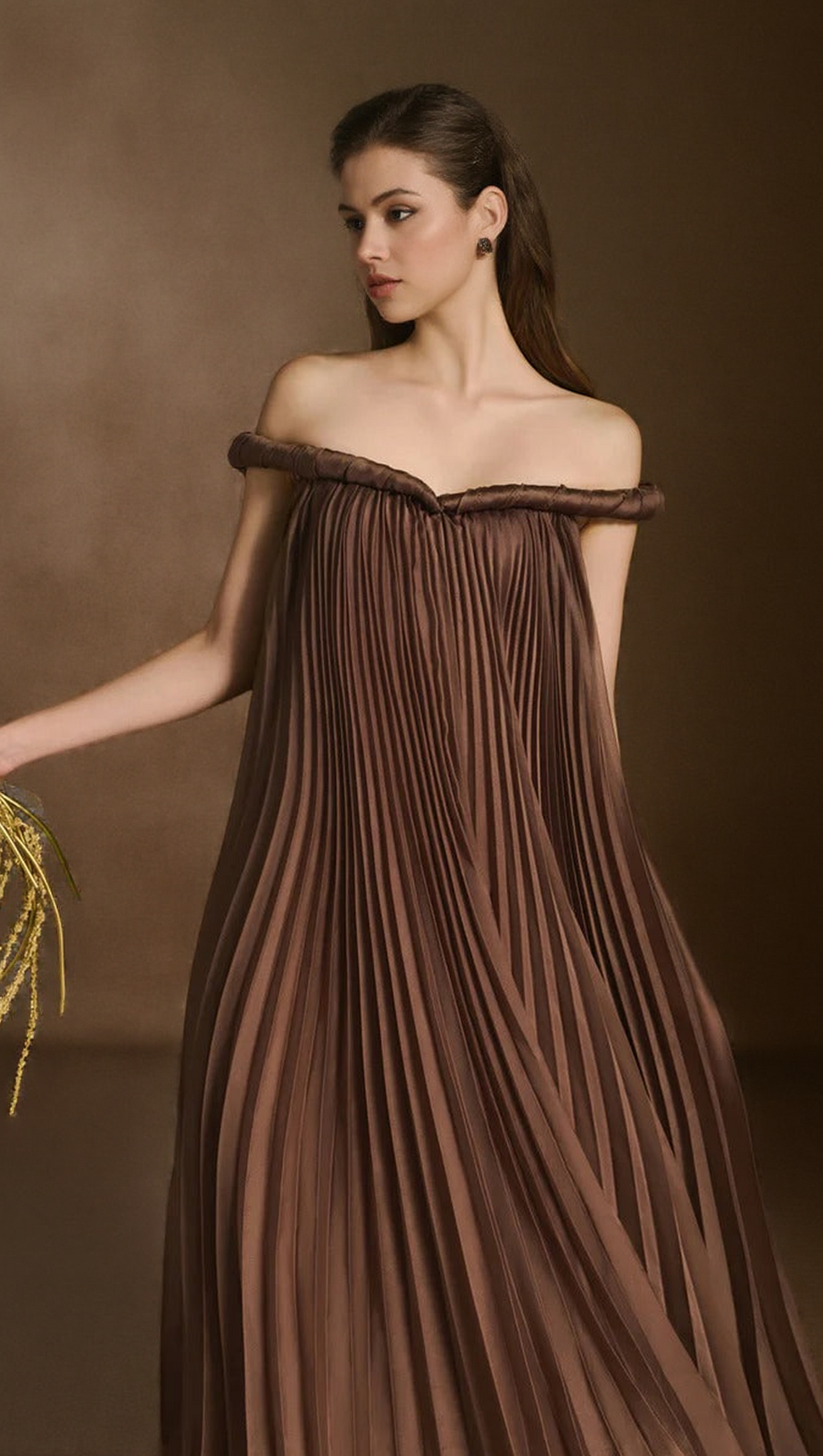 DONNA A-LINE OFF-SHOULDER SILK ORGANZA MAXI DRESS IN BROWN