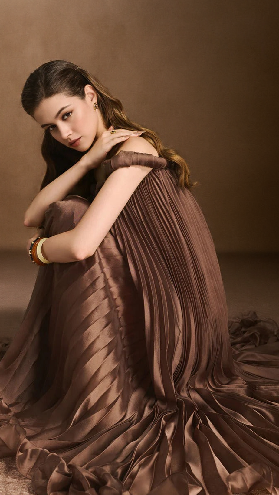 DONNA A-LINE OFF-SHOULDER SILK ORGANZA MAXI DRESS IN BROWN