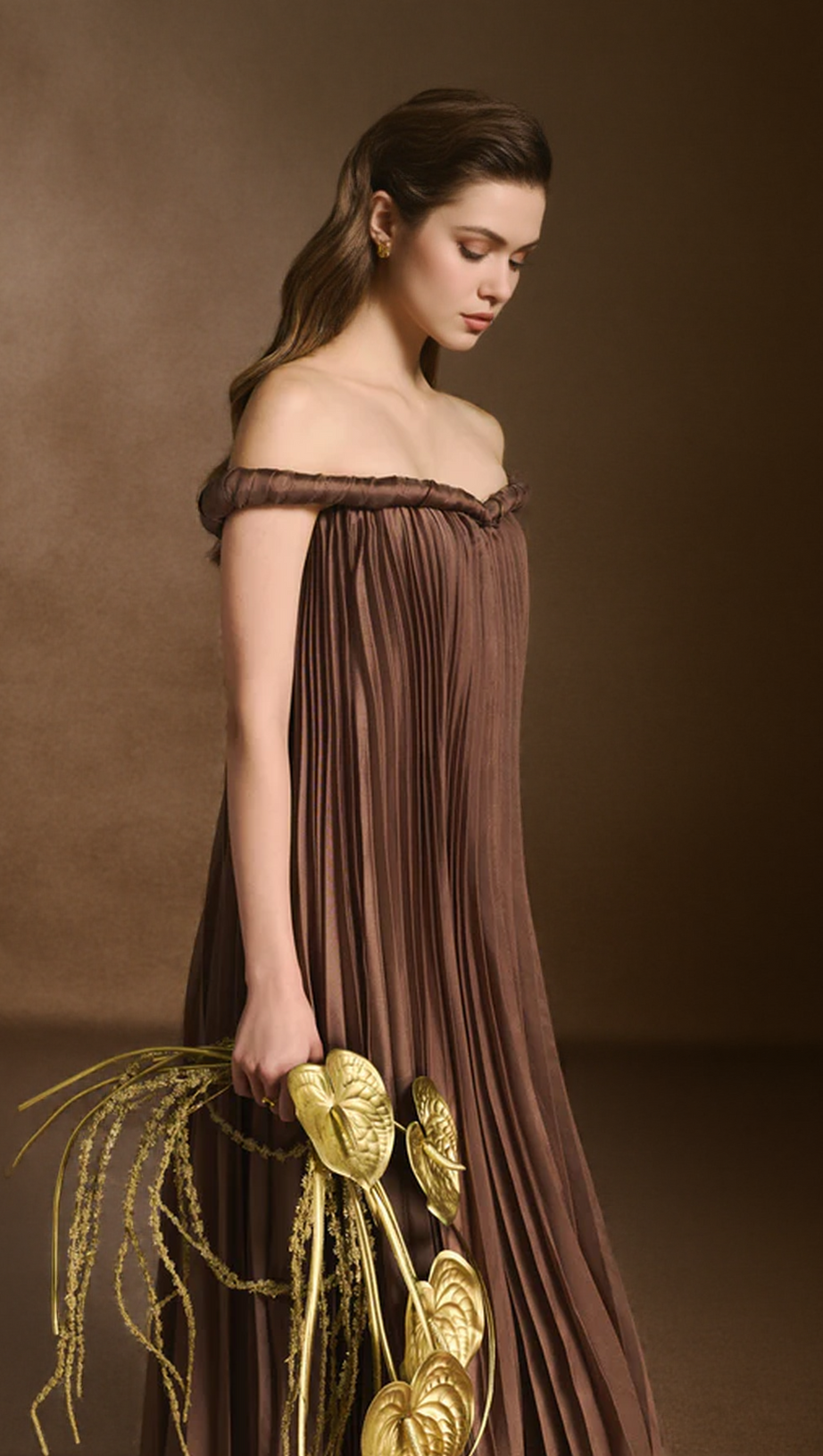 DONNA A-LINE OFF-SHOULDER SILK ORGANZA MAXI DRESS IN BROWN