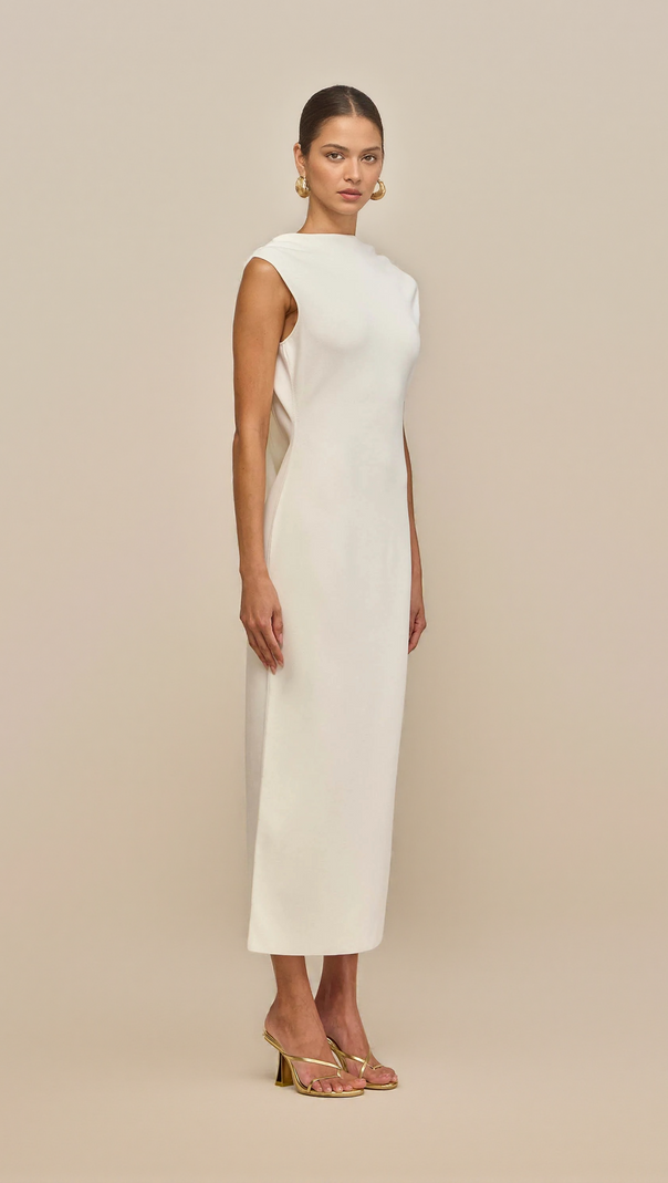 AIIZIE WHITE SLEEVELESS BACKLESS KNIT MIDI DRESS WITH TWO PLEATED GOLDEN EMBELLISHMENTS - product image