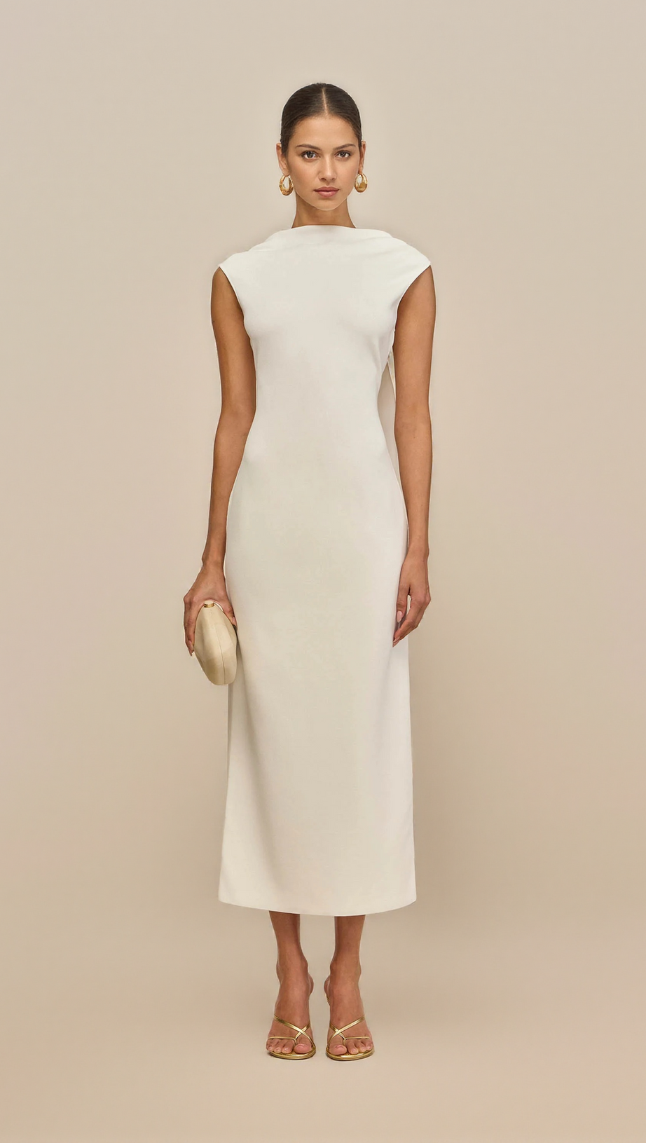 WHITE SLEEVELESS BACKLESS KNIT MIDI DRESS WITH TWO PLEATED GOLDEN EMBELLISHMENTS