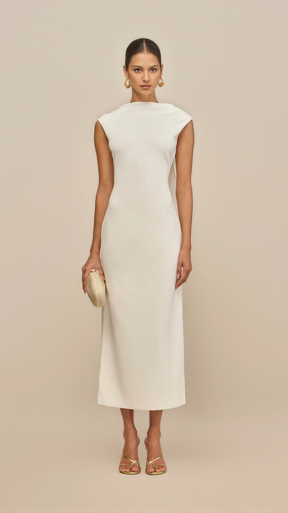 WHITE SLEEVELESS BACKLESS KNIT MIDI DRESS WITH TWO PLEATED GOLDEN EMBELLISHMENTS