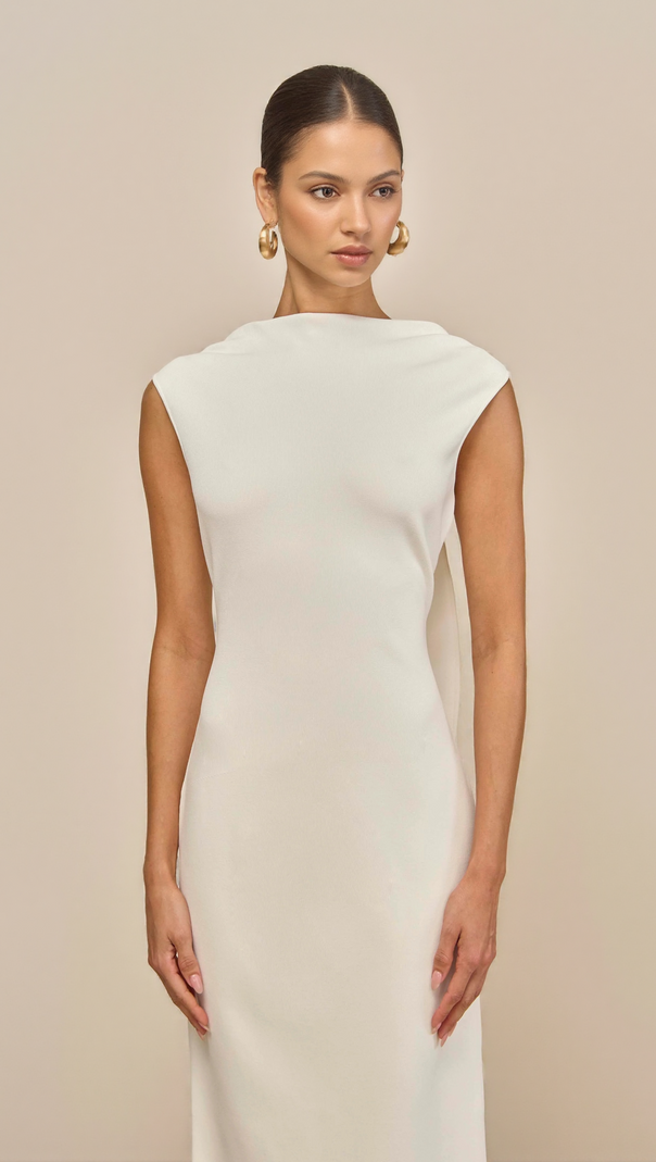 AIIZIE WHITE SLEEVELESS BACKLESS KNIT MIDI DRESS WITH TWO PLEATED GOLDEN EMBELLISHMENTS - product image
