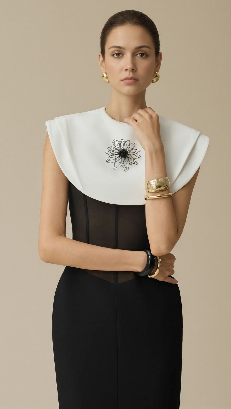 BERNICE BLACK SLEEVELESS MIDI DRESS WITH WHITE CAPE