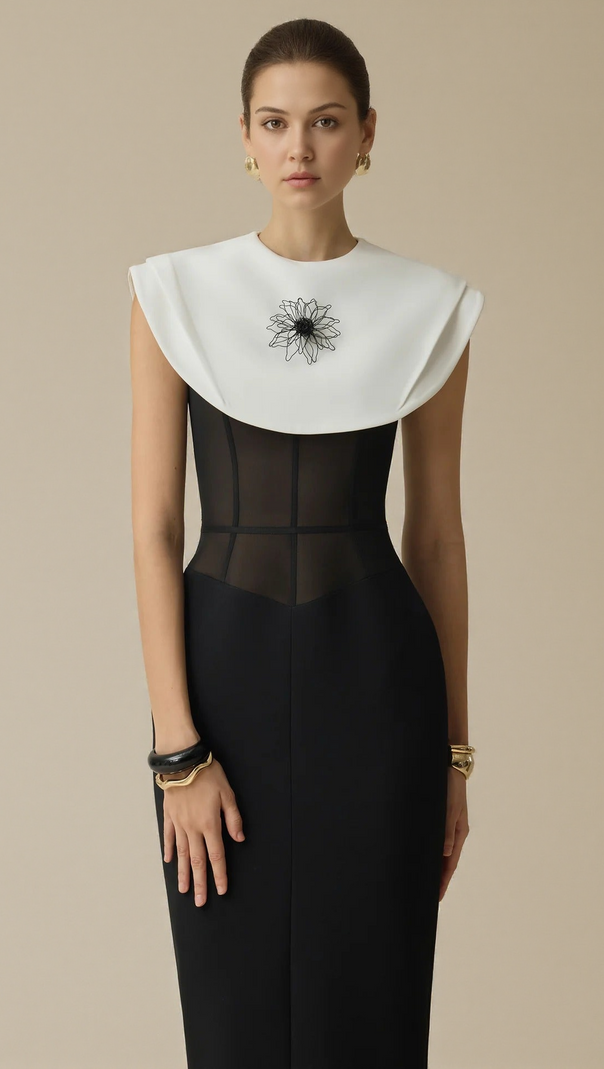 AIIZIE BERNICE BLACK SLEEVELESS MIDI DRESS WITH WHITE CAPE - product image