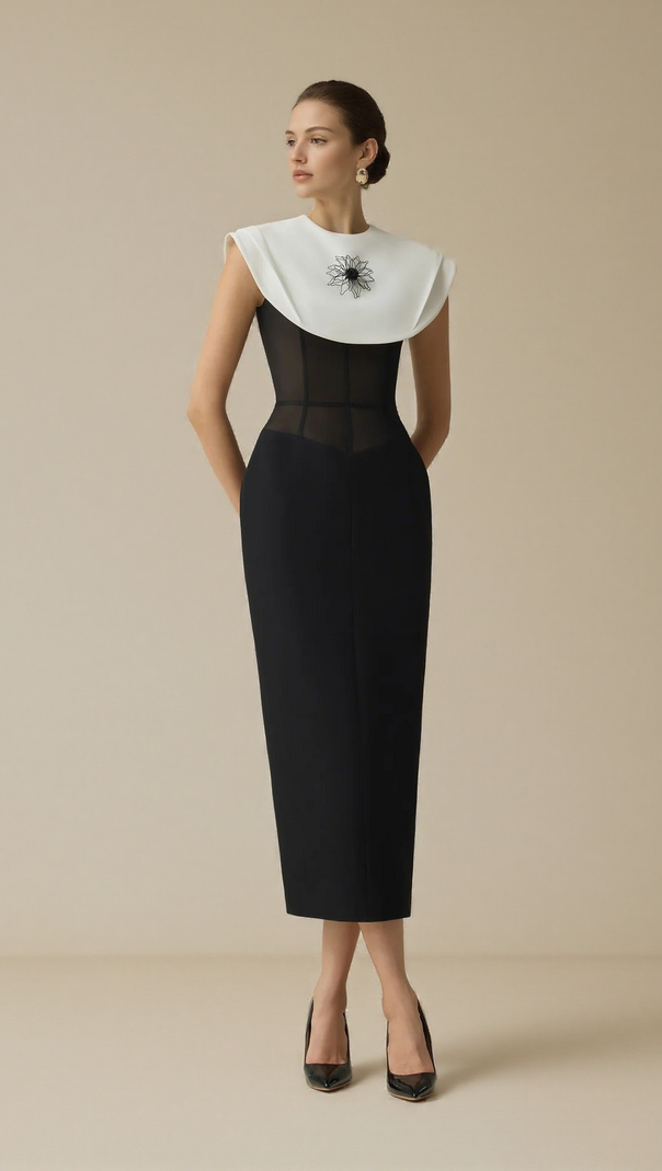 AIIZIE BERNICE BLACK SLEEVELESS MIDI DRESS WITH WHITE CAPE - product image