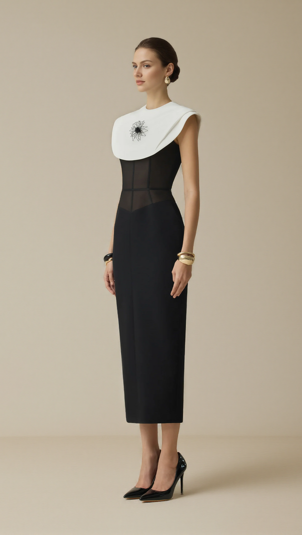 AIIZIE BERNICE BLACK SLEEVELESS MIDI DRESS WITH WHITE CAPE - product image