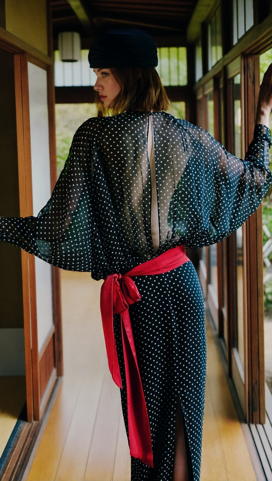 CHIC SHEER POLKA DOT LONG SLEEVE MAXI DRESS - BLACK