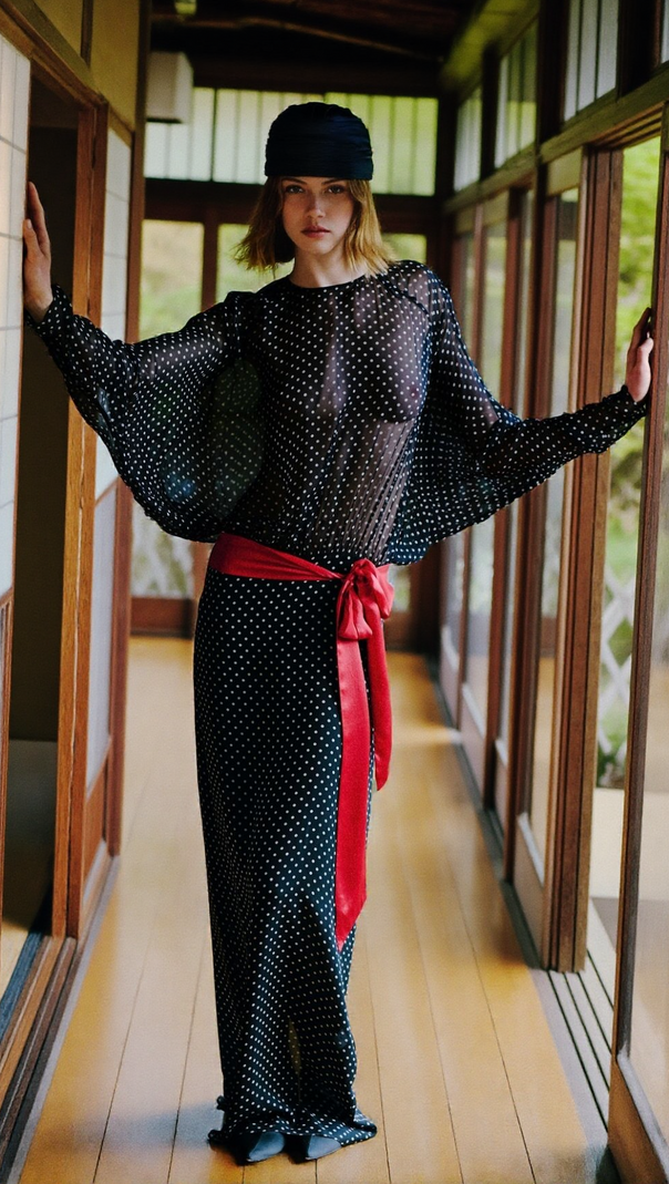 AIIZIE CHIC SHEER POLKA DOT LONG SLEEVE MAXI DRESS - BLACK - product image