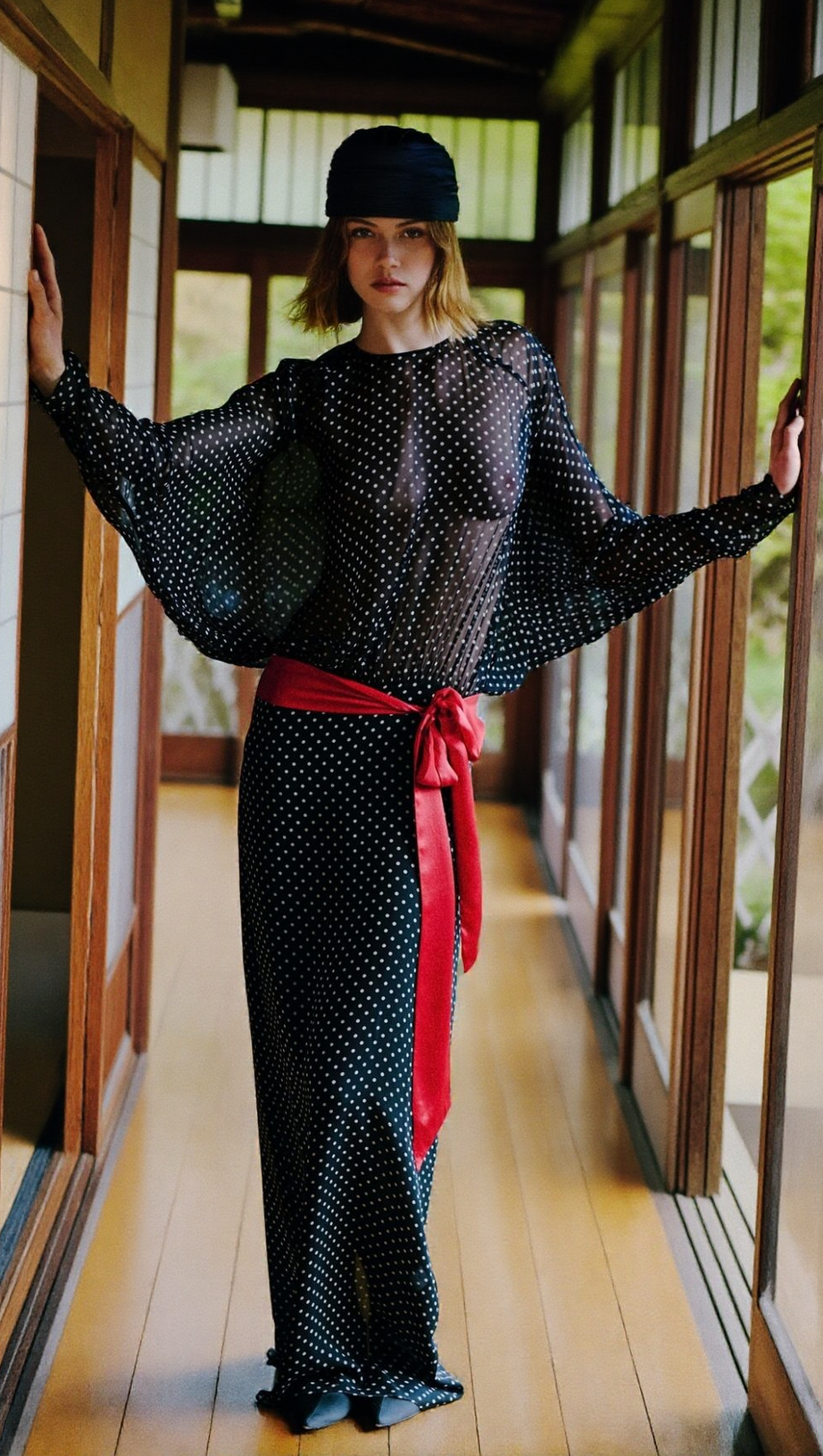 CHIC SHEER POLKA DOT LONG SLEEVE MAXI DRESS - BLACK