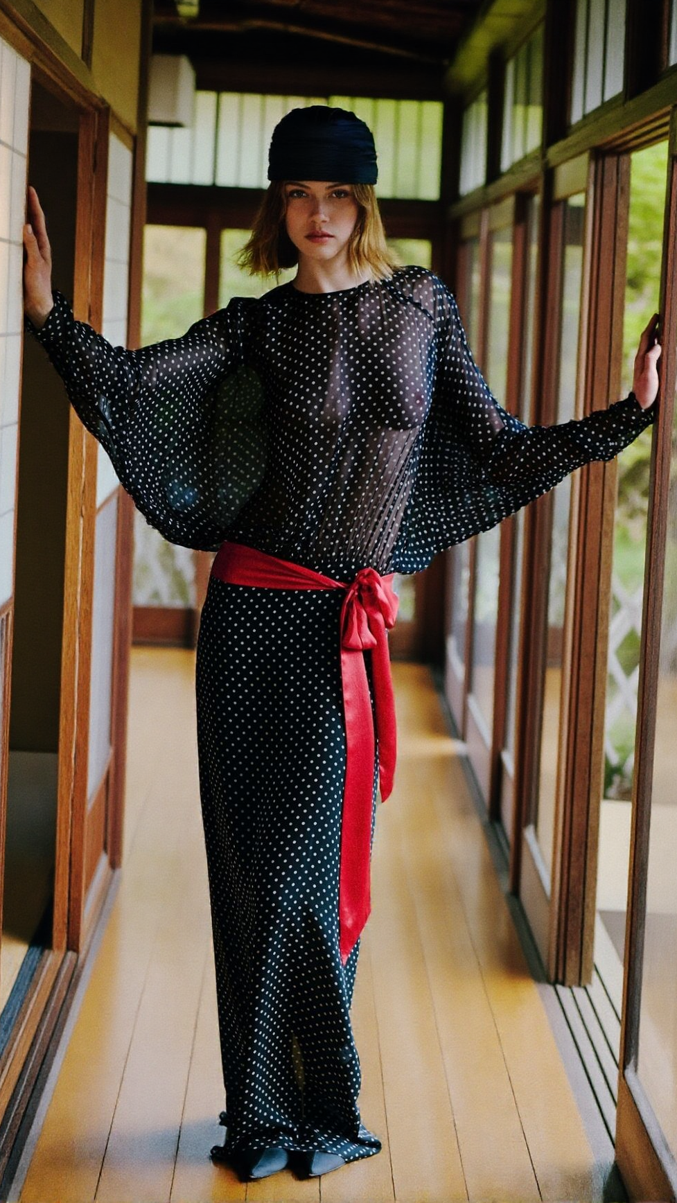 CHIC SHEER POLKA DOT LONG SLEEVE MAXI DRESS - BLACK