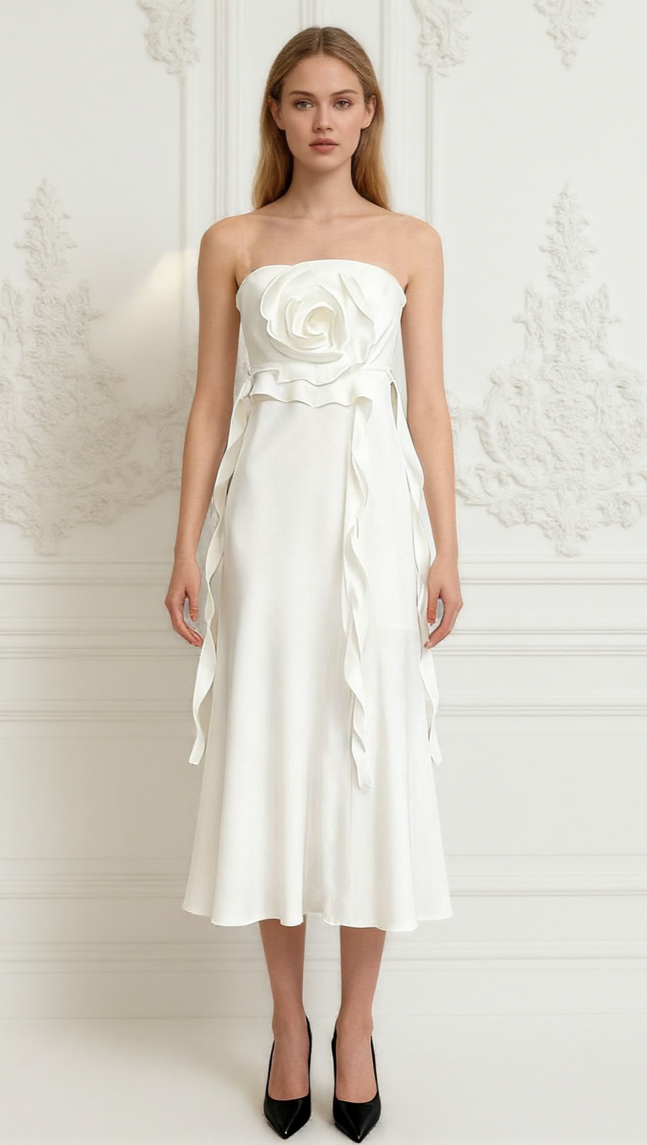 INGA ELEGANT STRAPLESS 3D FLOWER MIDI DRESS - VIBRANT YELLOW FOR SUMMER & PARTIES