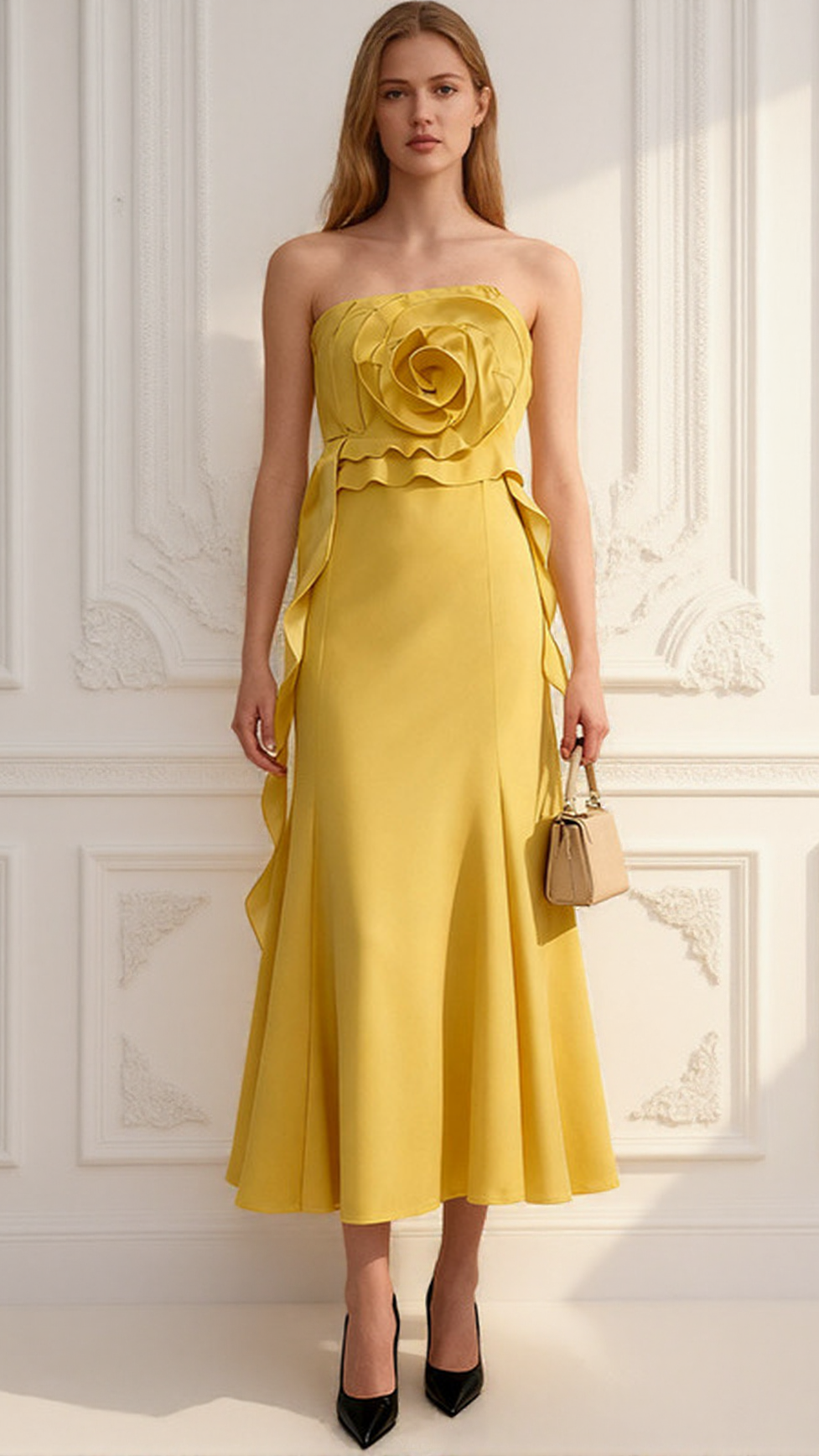 INGA ELEGANT STRAPLESS 3D FLOWER MIDI DRESS - VIBRANT YELLOW FOR SUMMER & PARTIES