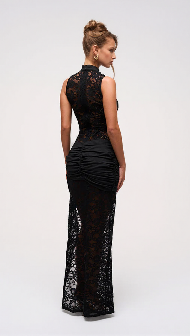 AIIZIE IVANA BLACK LACE MAXI GOWN | SLEEVELESS, HIGH SLIT & KEYHOLE NECKLINE - product image