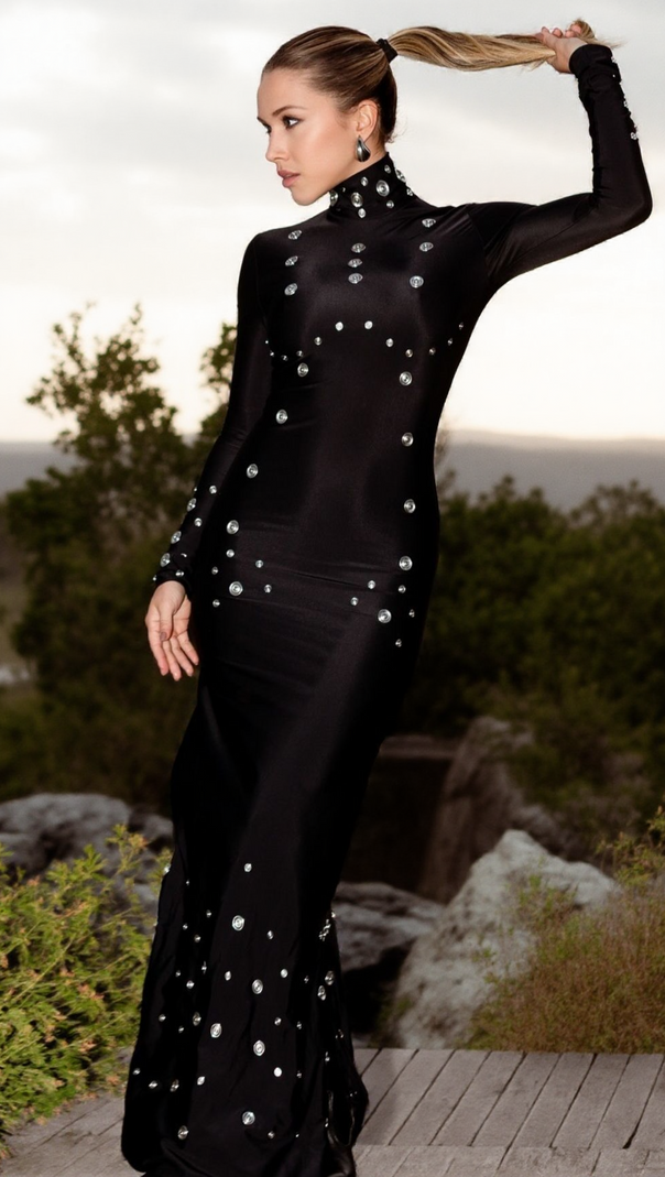 AIIZIE ISHANA BLACK EMBELLISHED MAXI DRESS - LONG SLEEVE FORMAL GOWN - product image